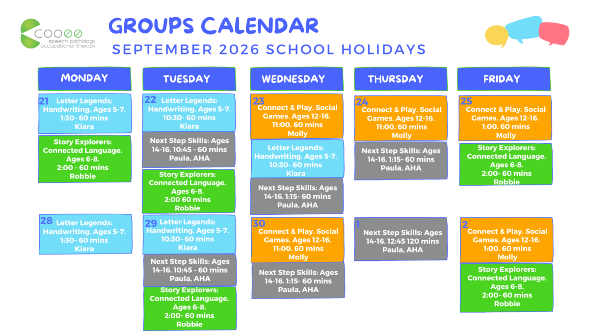Calendar showing Cooee group program days and times for September Holidays 2026