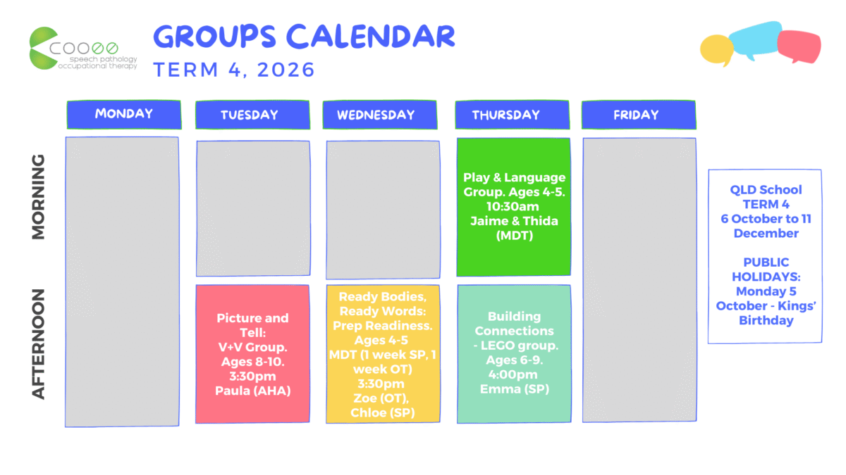 Calendar showing Cooee group program days and times for Term 4, 2026