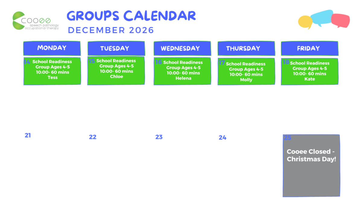 Calendar showing Cooee group program days and times for December 2026