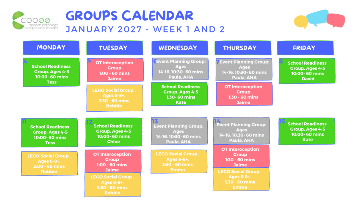 Calendar showing Cooee group program days and times for January 2027