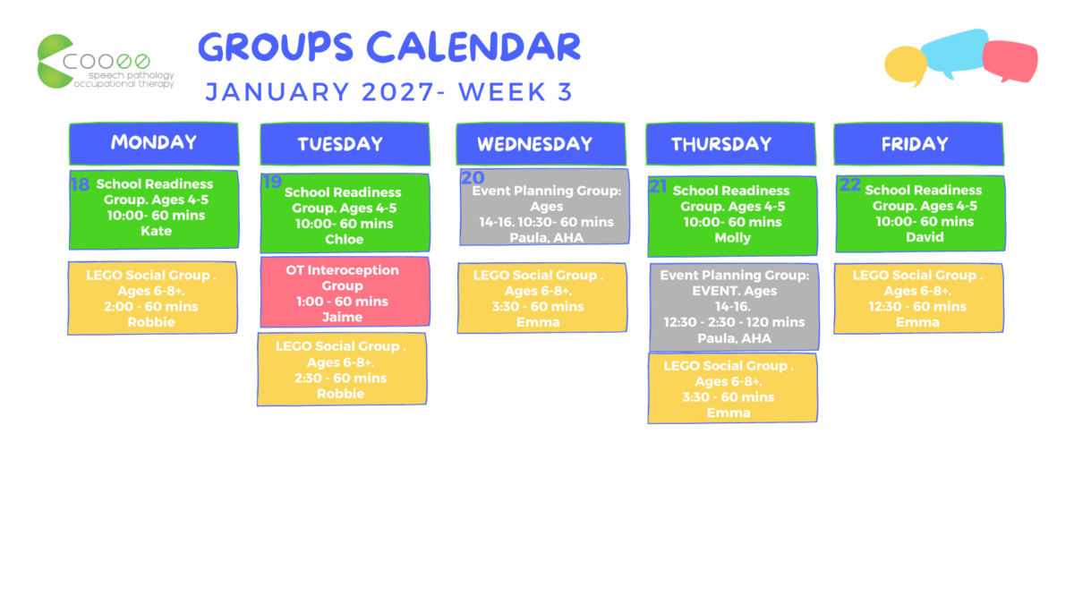 Calendar showing Cooee group program days and times for January 2027 (Part 2)