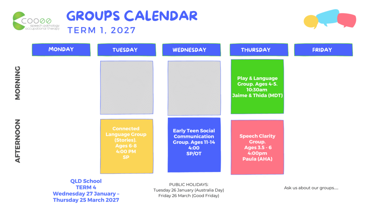 Calendar showing Cooee group program days and times for Term 1, 2027
